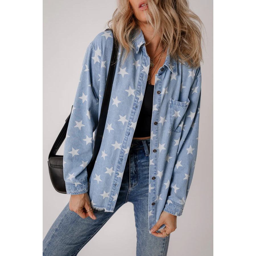 Star Button Up Long Sleeve Denim Jacket Apparel and Accessories