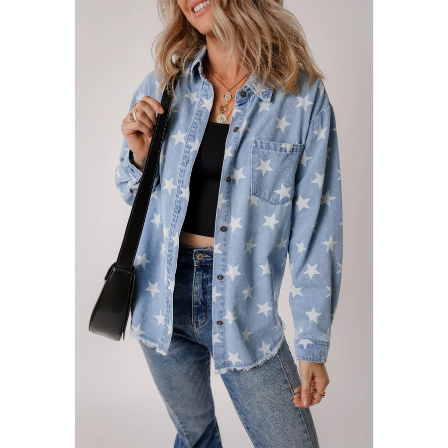 Star Button Up Long Sleeve Denim Jacket Apparel and Accessories