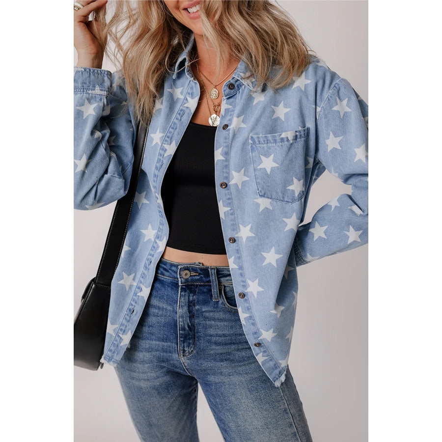 Star Button Up Long Sleeve Denim Jacket Apparel and Accessories