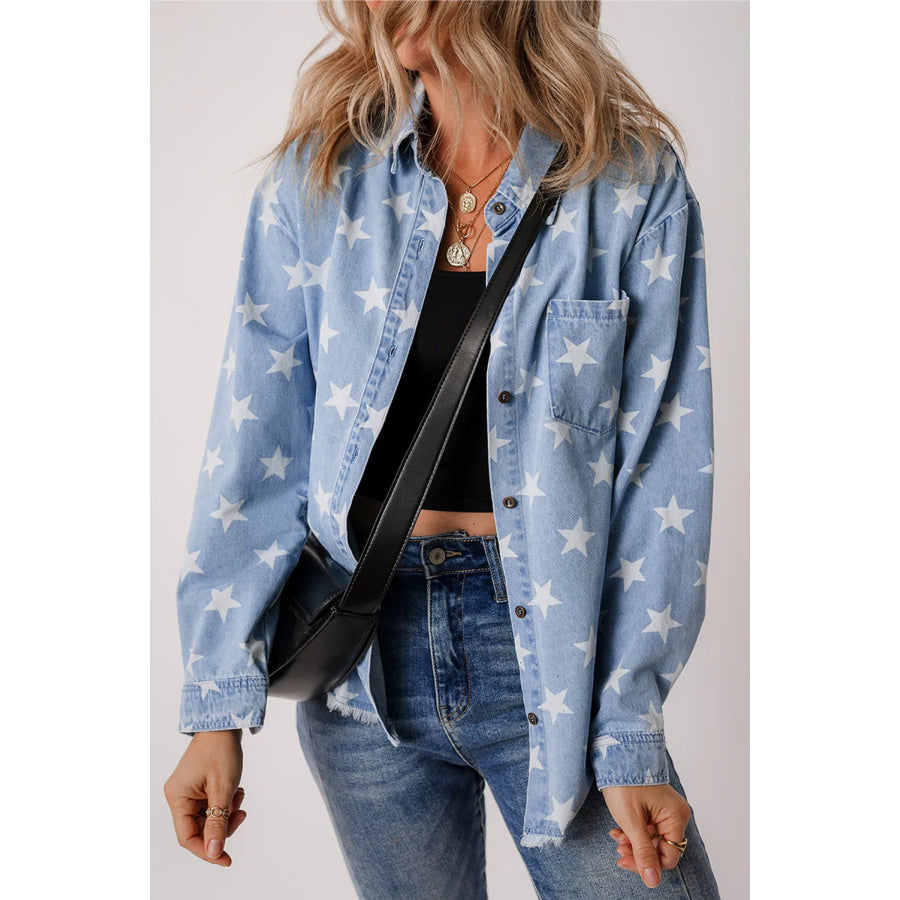 Star Button Up Long Sleeve Denim Jacket Light / S Apparel and Accessories