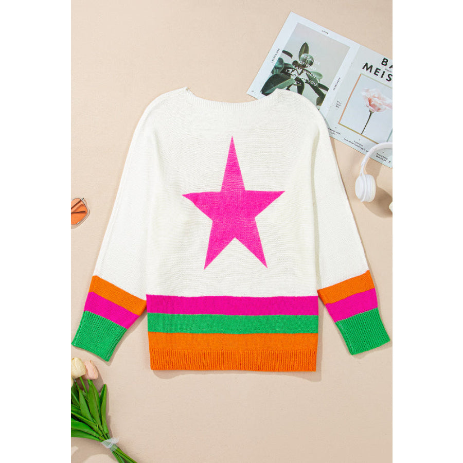 Star Contrast Round Neck Long Sleeve Knit Top Apparel and Accessories