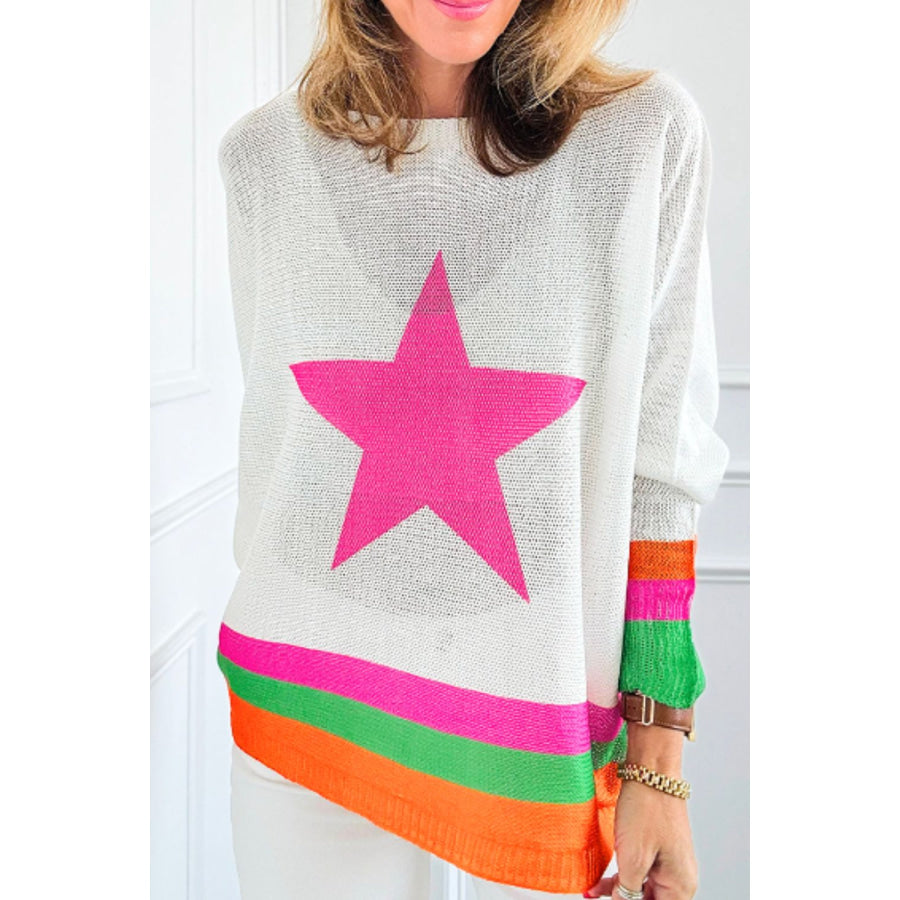 Star Contrast Round Neck Long Sleeve Knit Top Apparel and Accessories