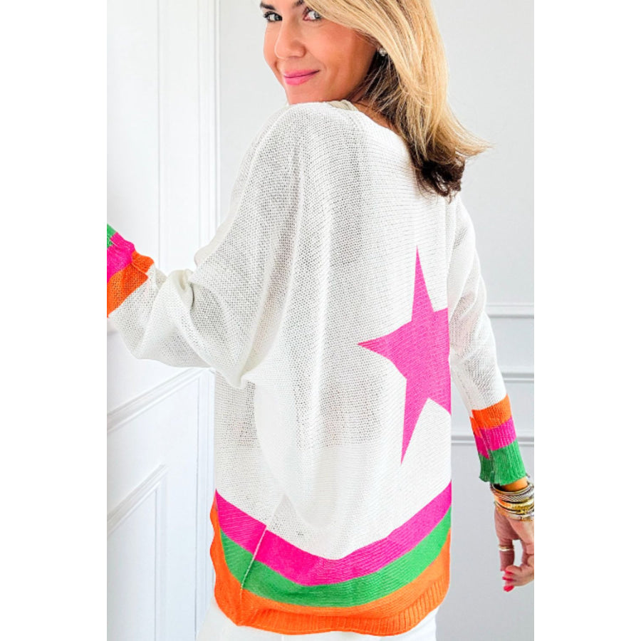 Star Contrast Round Neck Long Sleeve Knit Top Apparel and Accessories