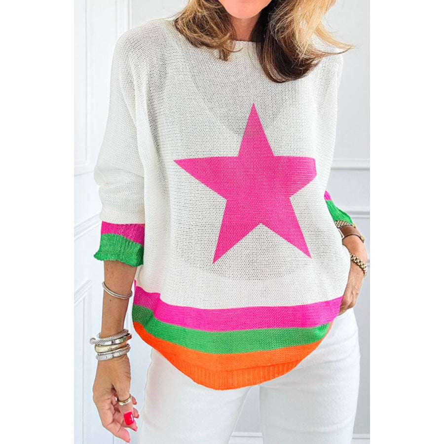 Star Contrast Round Neck Long Sleeve Knit Top White / S Apparel and Accessories