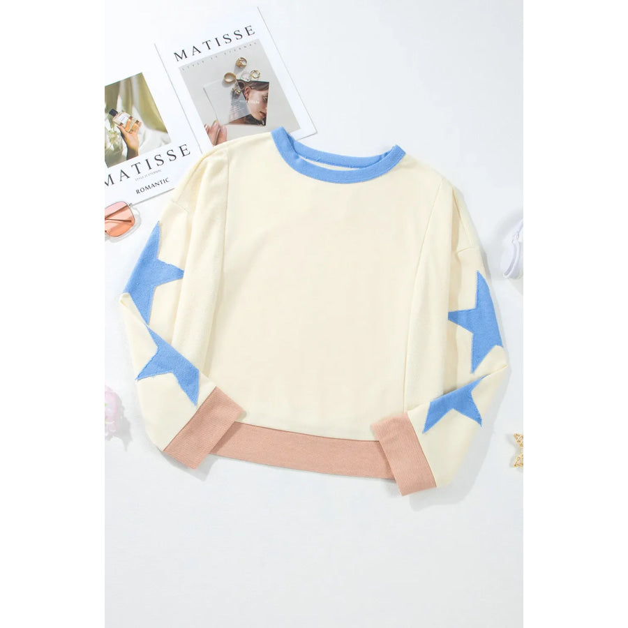 Star Contrast Round Neck Long Sleeve Sweatshirt Apparel and Accessories