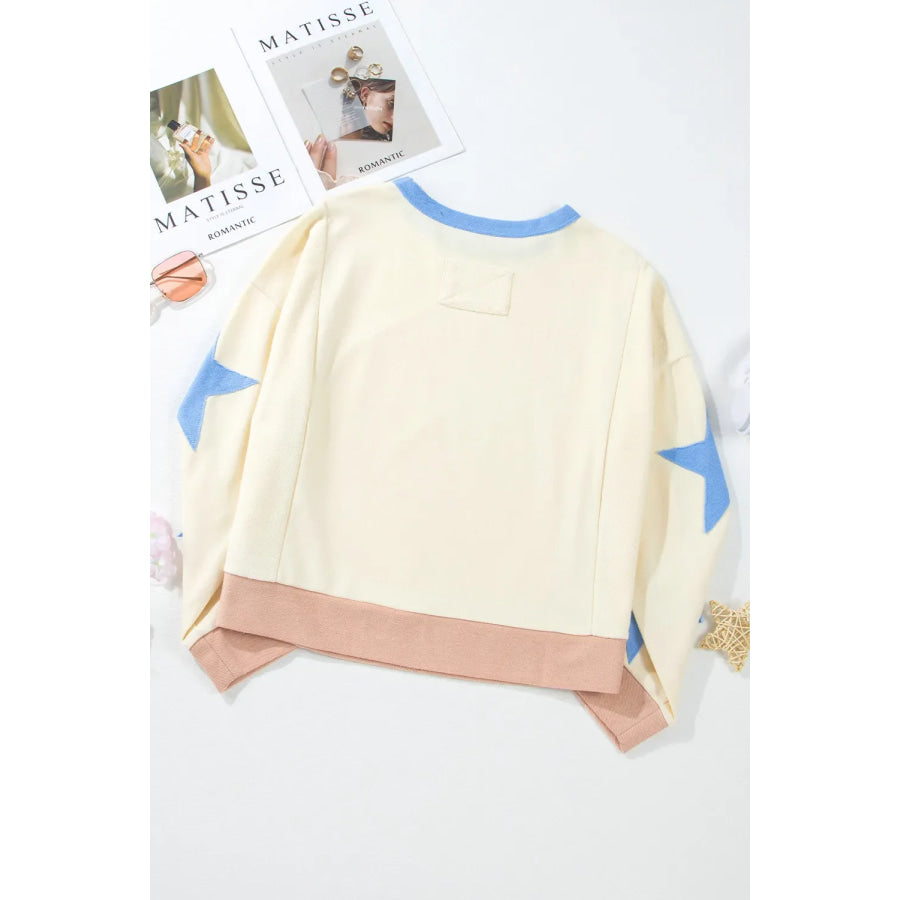 Star Contrast Round Neck Long Sleeve Sweatshirt Apparel and Accessories