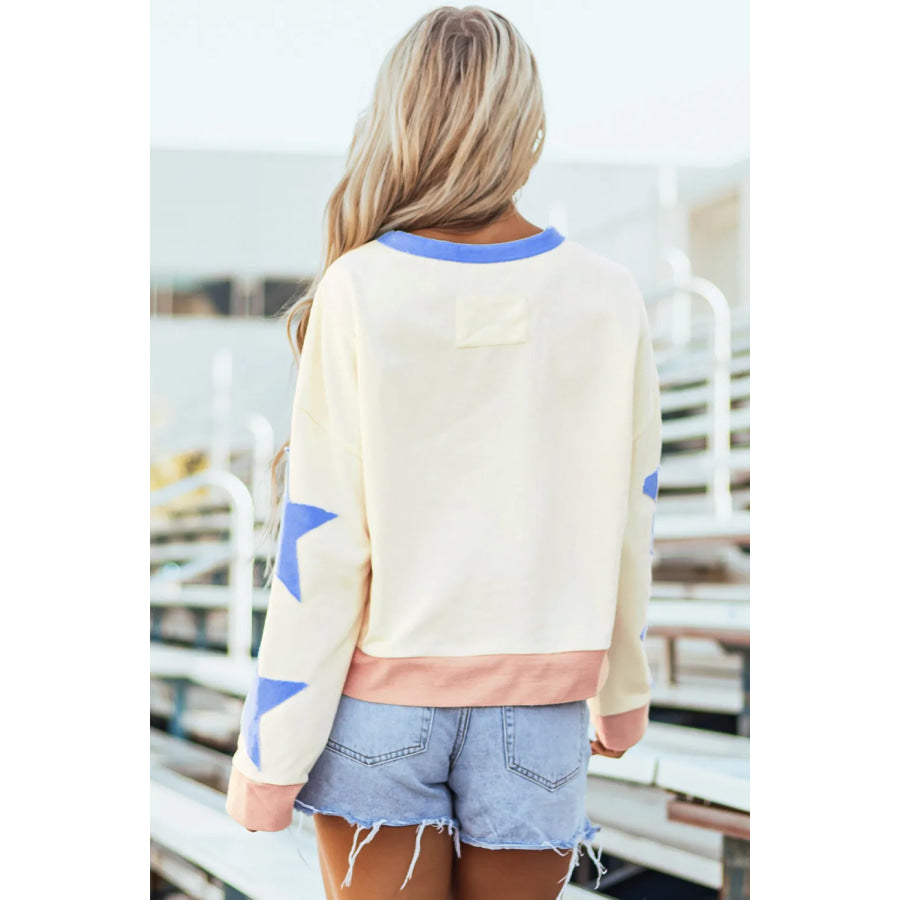 Star Contrast Round Neck Long Sleeve Sweatshirt Apparel and Accessories