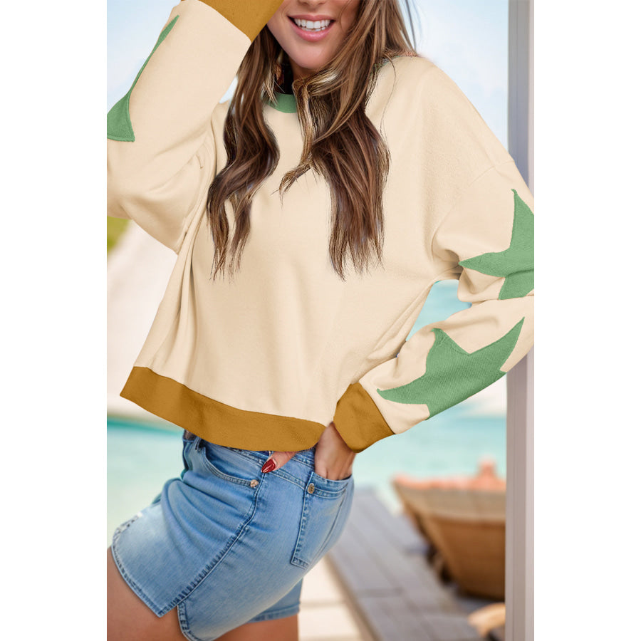 Star Contrast Round Neck Long Sleeve Sweatshirt Tan / S Apparel and Accessories