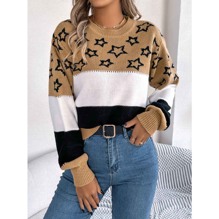 Star Contrast Round Neck Sweater Apparel and Accessories