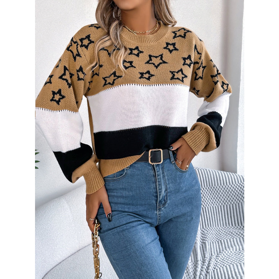 Star Contrast Round Neck Sweater Apparel and Accessories