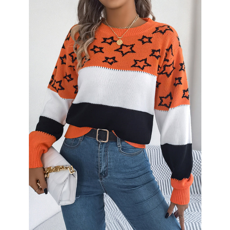 Star Contrast Round Neck Sweater Apparel and Accessories