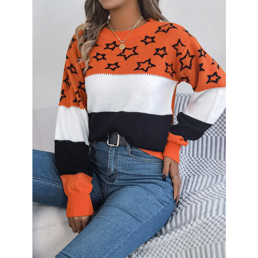 Star Contrast Round Neck Sweater Apparel and Accessories