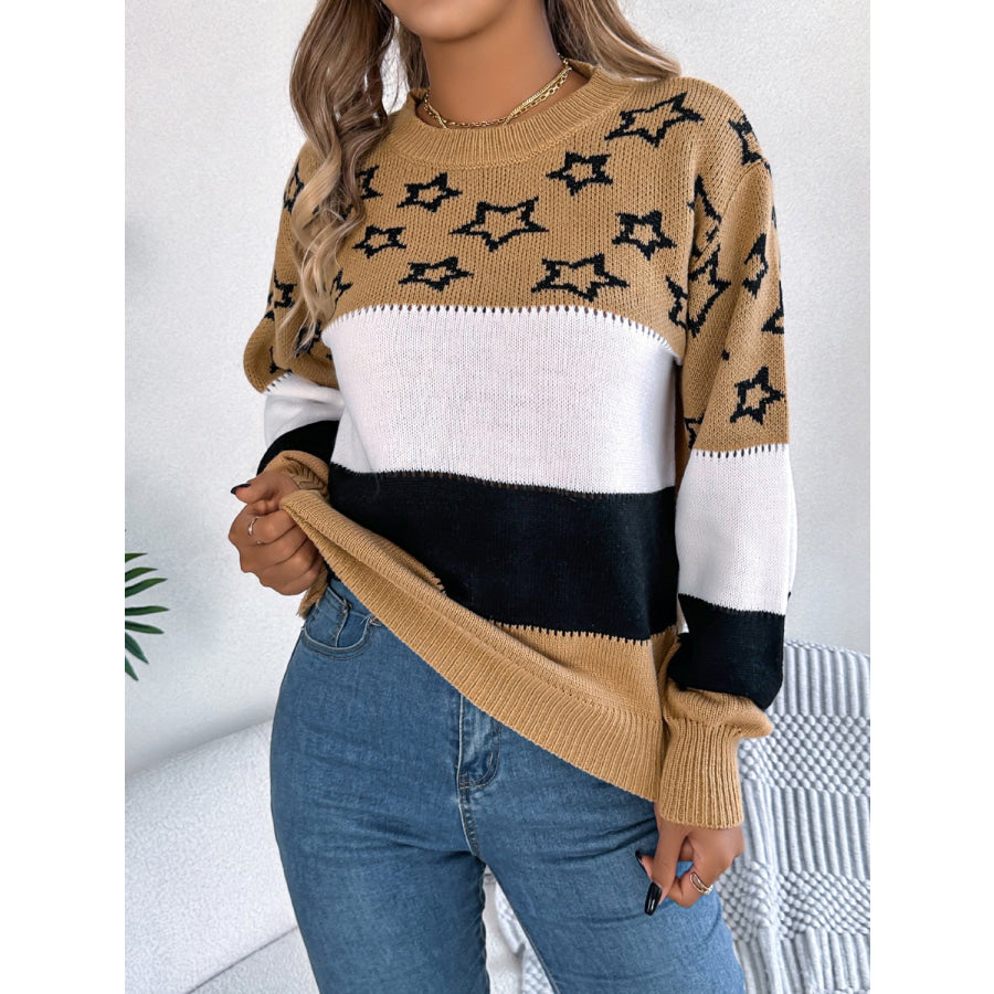 Star Contrast Round Neck Sweater Apparel and Accessories