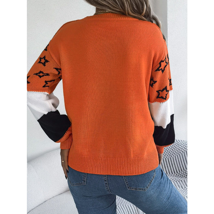 Star Contrast Round Neck Sweater Apparel and Accessories