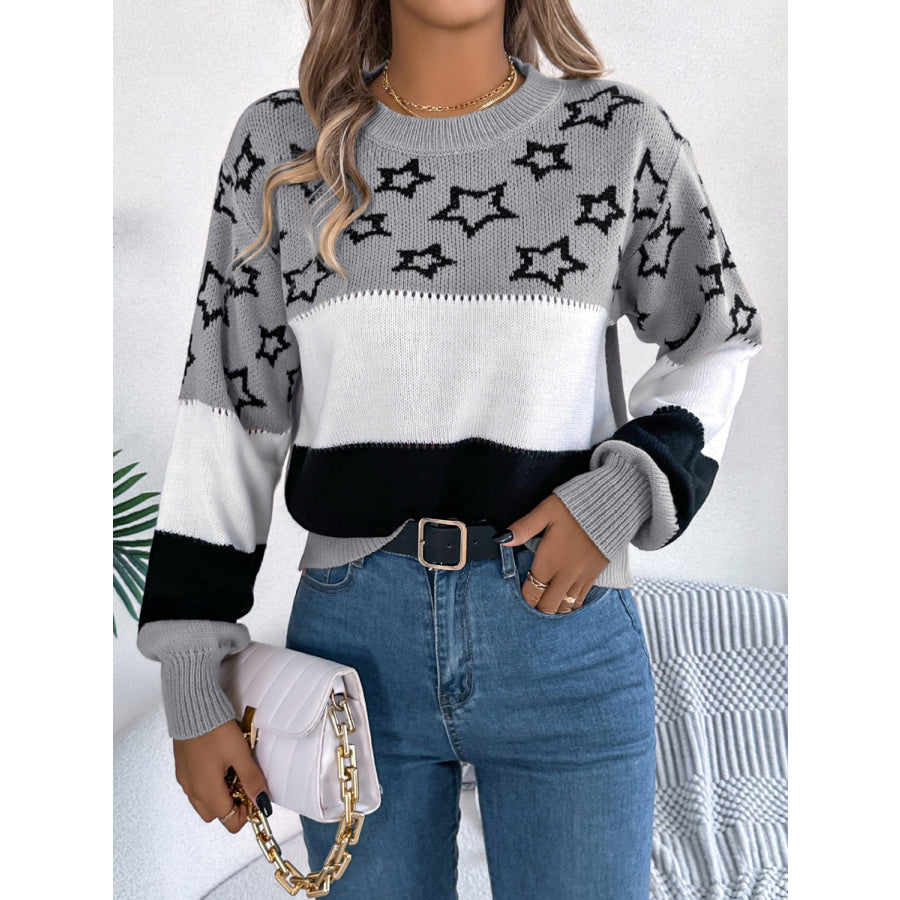 Star Contrast Round Neck Sweater Apparel and Accessories