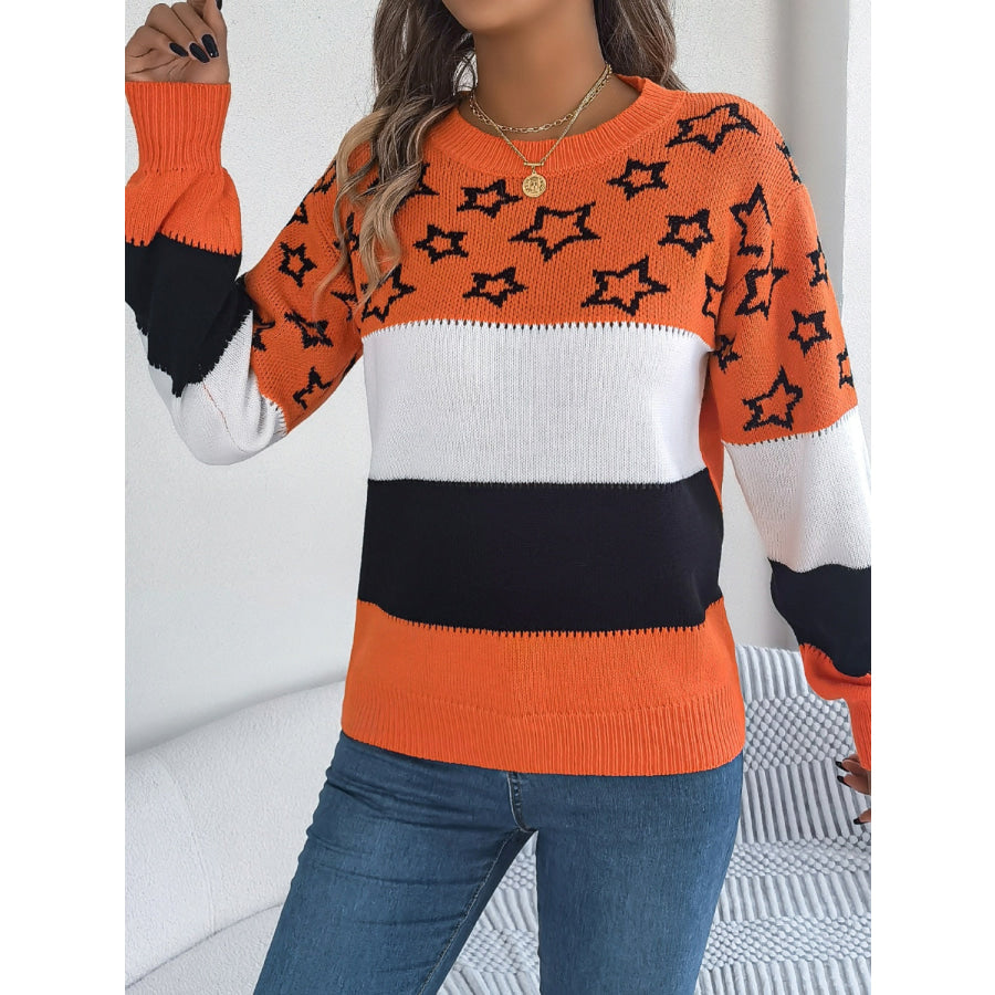 Star Contrast Round Neck Sweater Apparel and Accessories