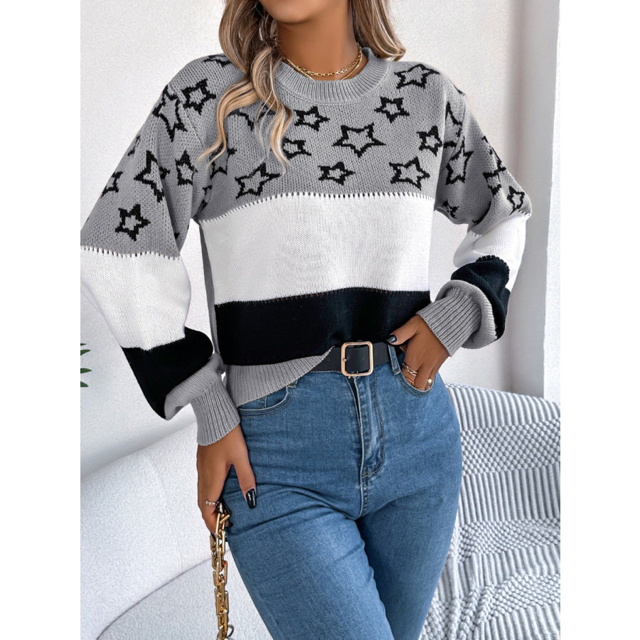 Star Contrast Round Neck Sweater Apparel and Accessories