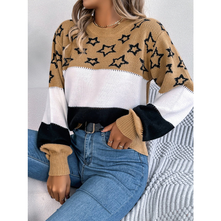 Star Contrast Round Neck Sweater Apparel and Accessories