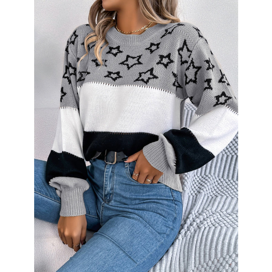 Star Contrast Round Neck Sweater Apparel and Accessories