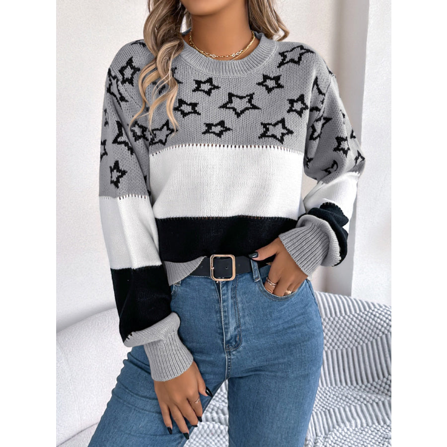 Star Contrast Round Neck Sweater Apparel and Accessories