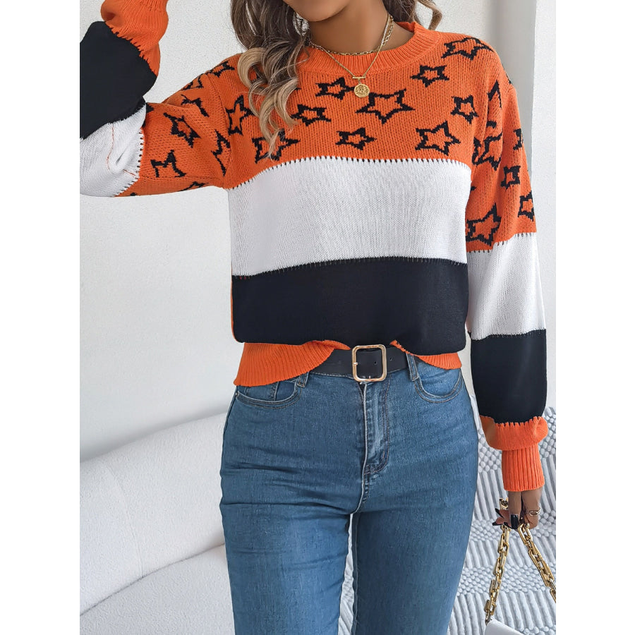 Star Contrast Round Neck Sweater Apparel and Accessories