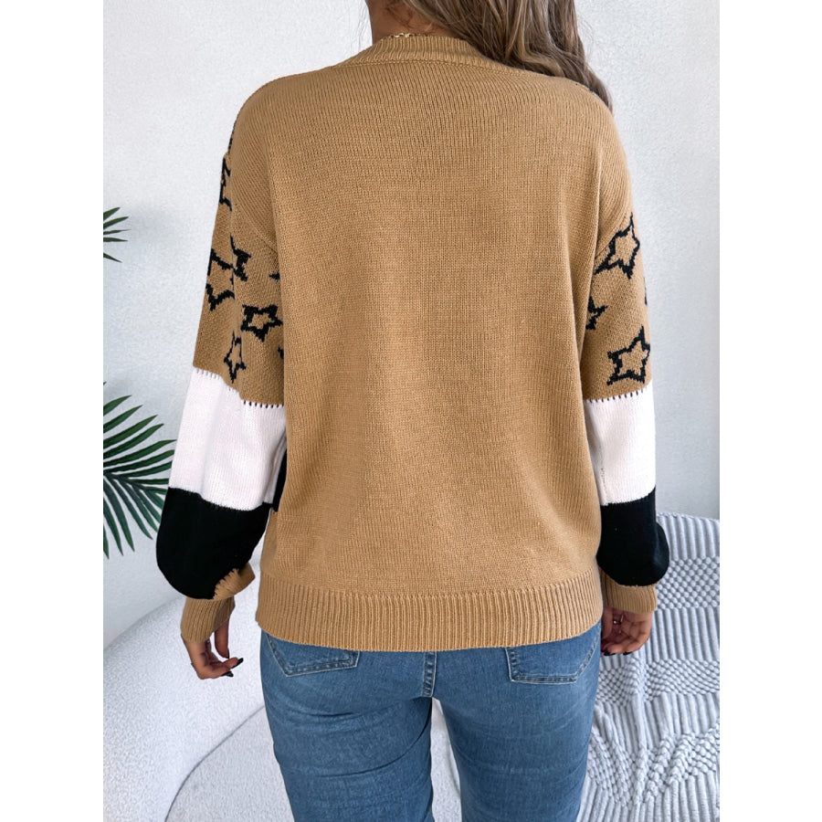 Star Contrast Round Neck Sweater Camel / S Apparel and Accessories