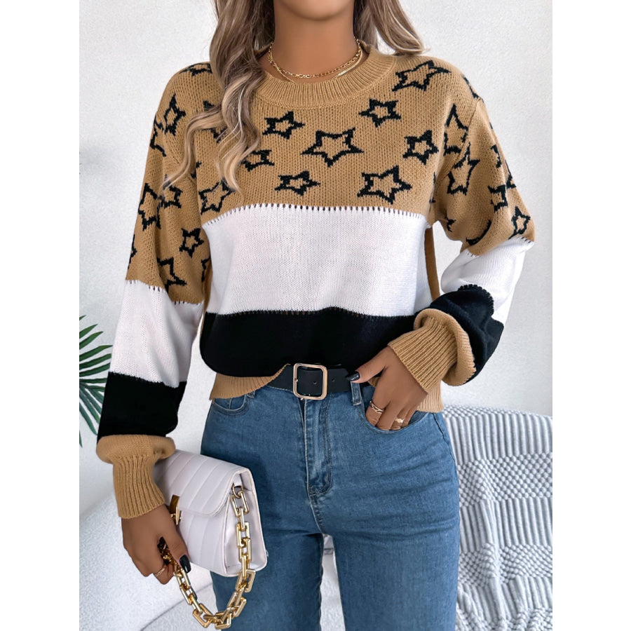 Star Contrast Round Neck Sweater Camel / S Apparel and Accessories