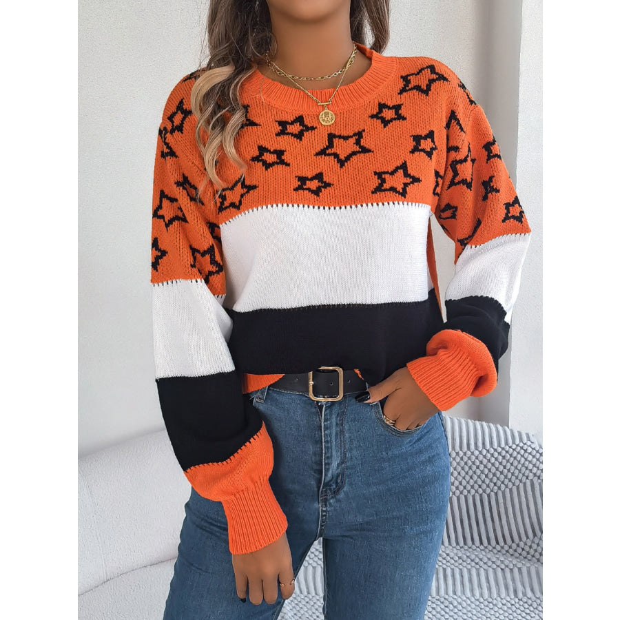 Star Contrast Round Neck Sweater Orange / S Apparel and Accessories