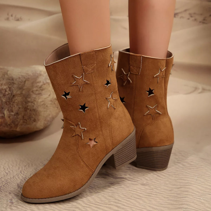 Star Cutout Block Heels Boots Dark Brown / 36 Apparel and Accessories