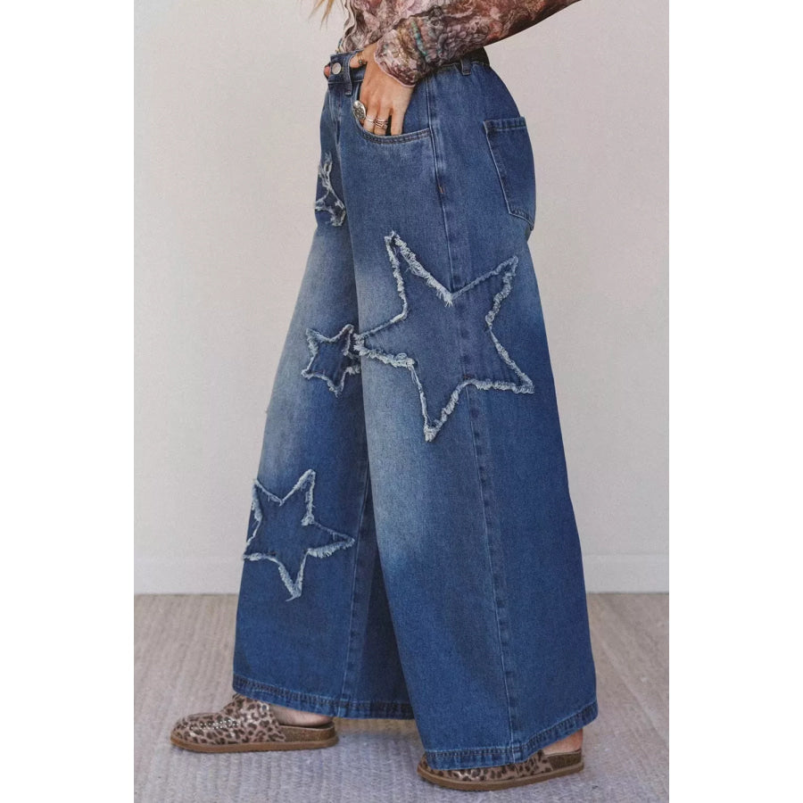 Star Decorated Wide Leg Jeans Apparel and Accessories
