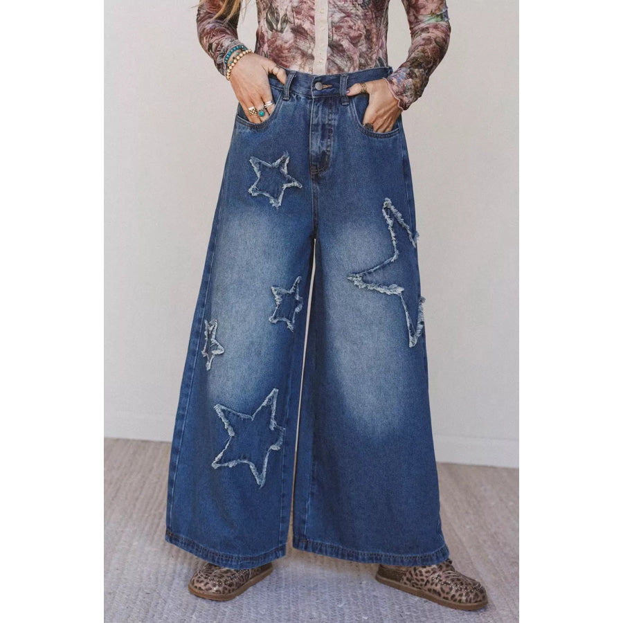 Star Decorated Wide Leg Jeans Apparel and Accessories