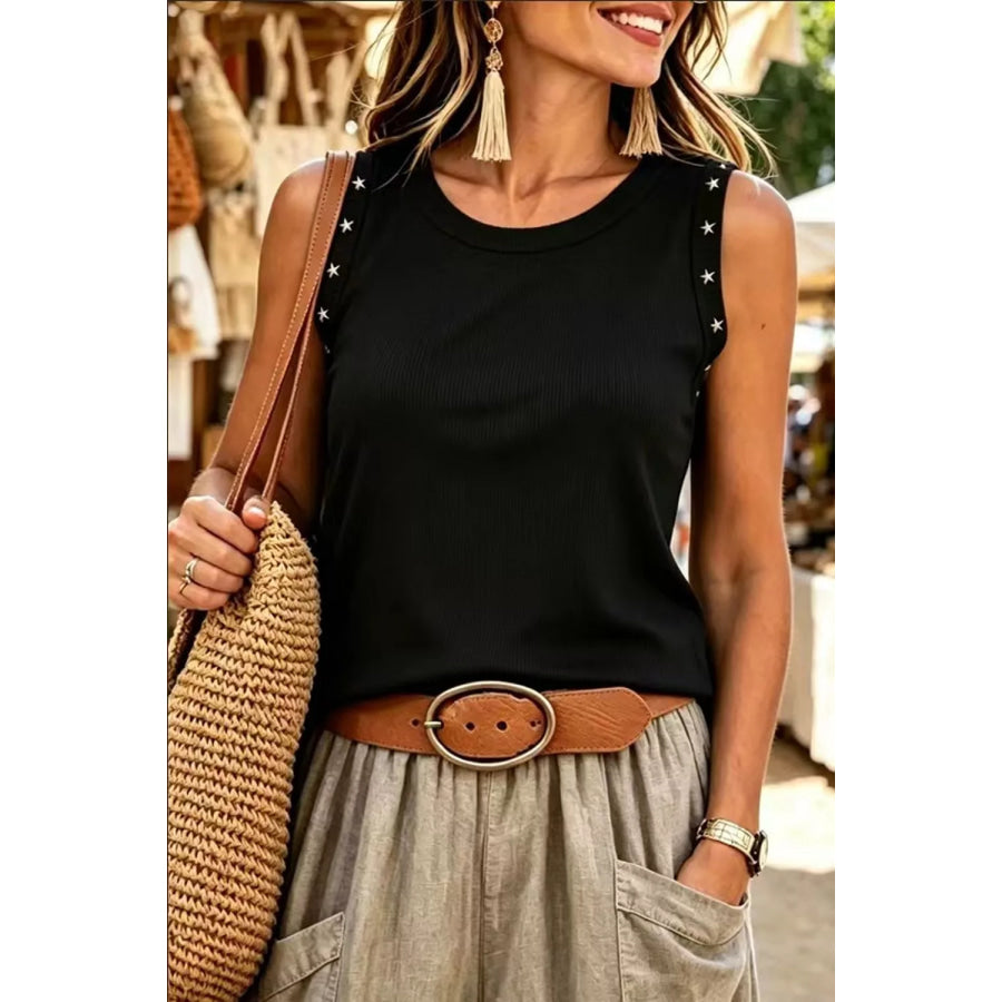 Star Detail Ribbed Tank Black / S Apparel and Accessories