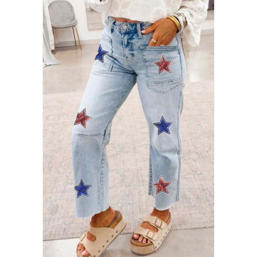 Star-Embellished Cropped Jeans Light Blue / 4 Apparel and Accessories