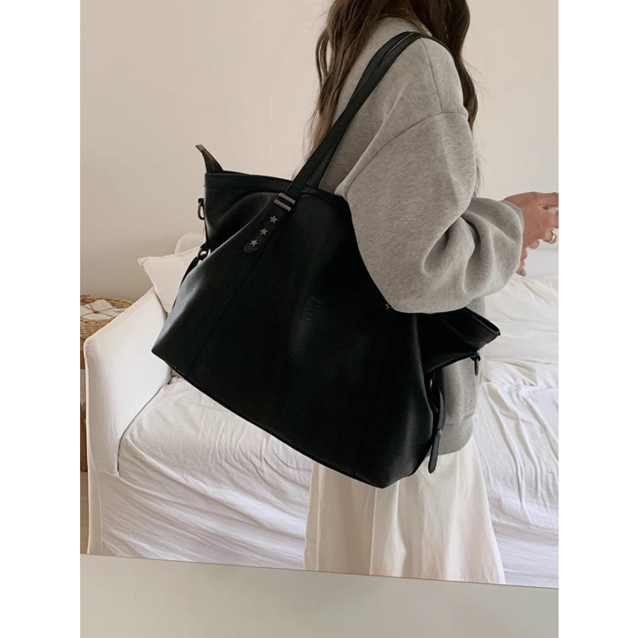 Star-Embellished Leather Shoulder Bag Black / One Size Apparel and Accessories