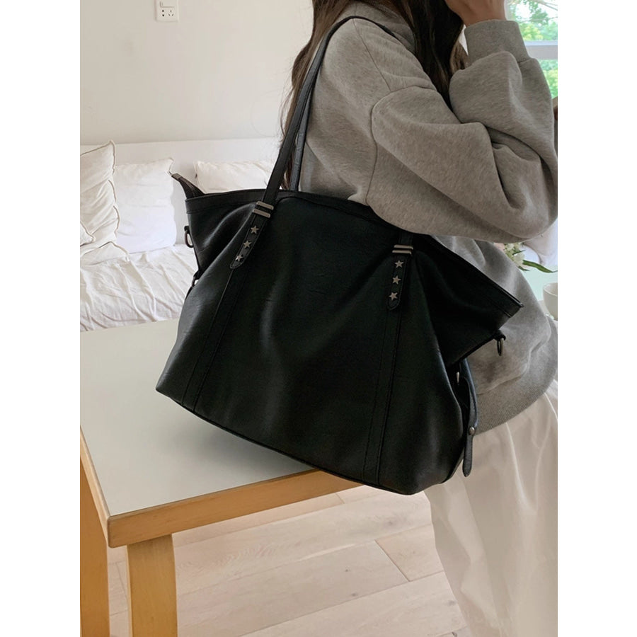 Star-Embellished Leather Shoulder Bag Black / One Size Apparel and Accessories