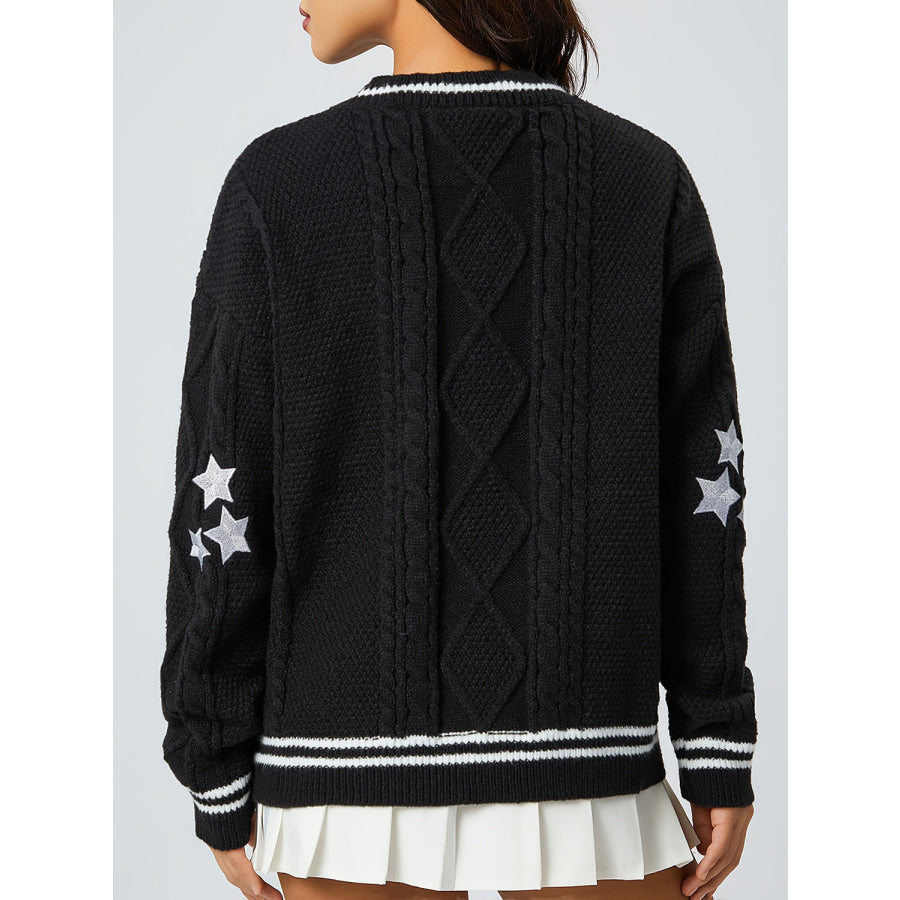 Star Embroidered V-Neck Long Sleeve Cardigan Apparel and Accessories