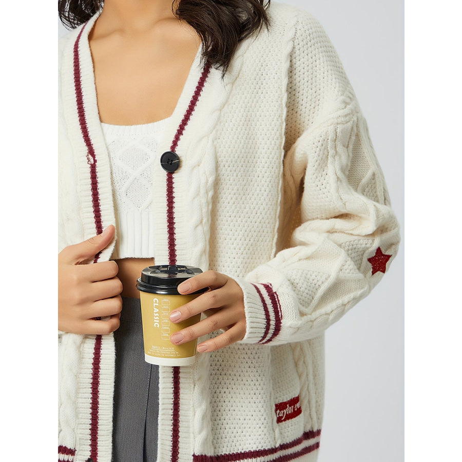 Star Embroidered V-Neck Long Sleeve Cardigan Apparel and Accessories