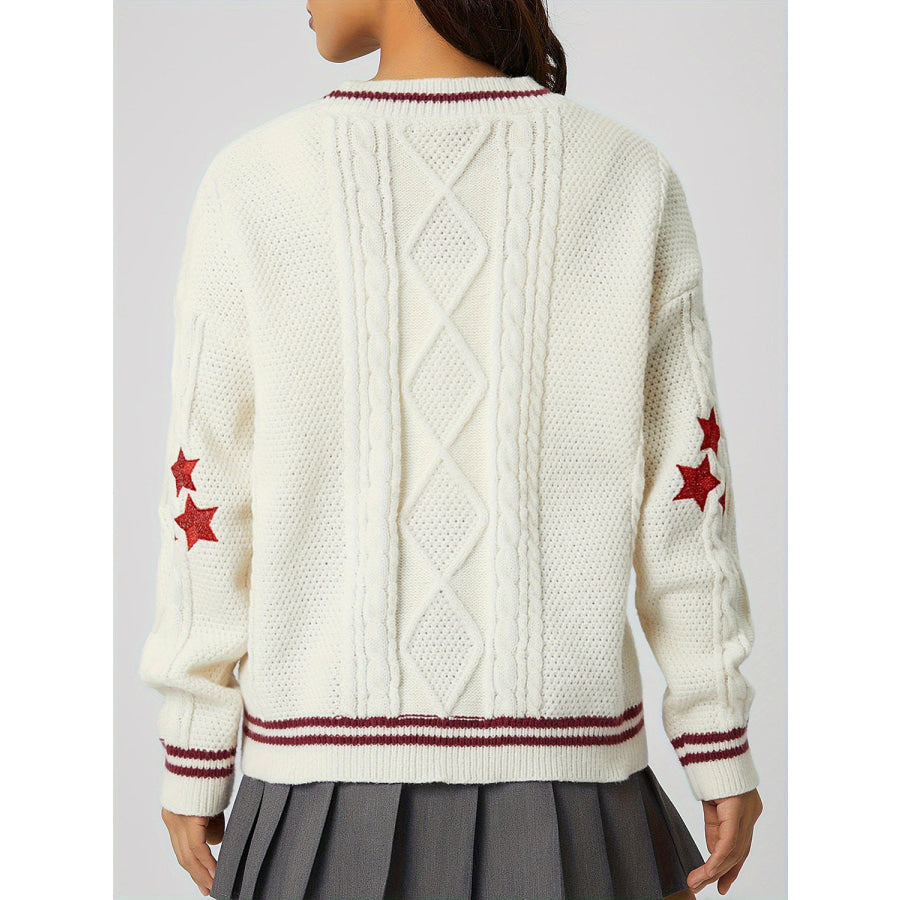 Star Embroidered V-Neck Long Sleeve Cardigan Apparel and Accessories