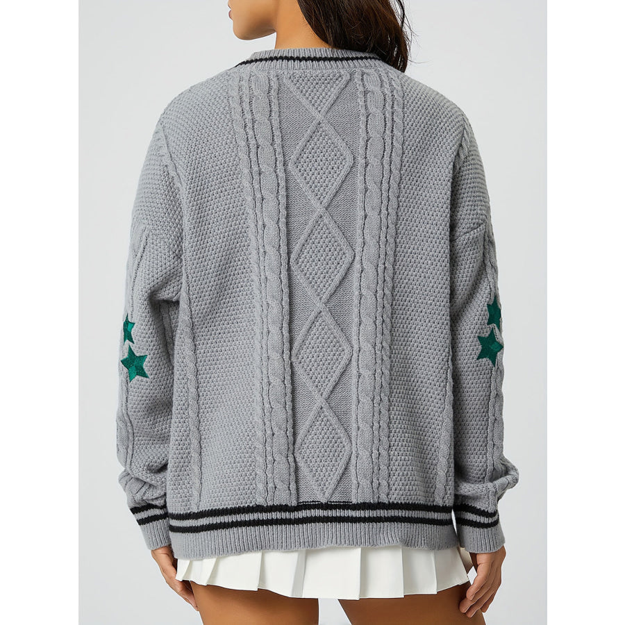 Star Embroidered V-Neck Long Sleeve Cardigan Apparel and Accessories