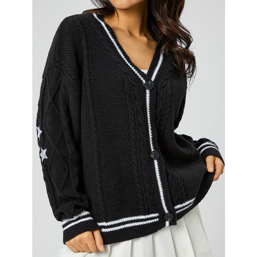 Star Embroidered V-Neck Long Sleeve Cardigan Black / One Size Apparel and Accessories