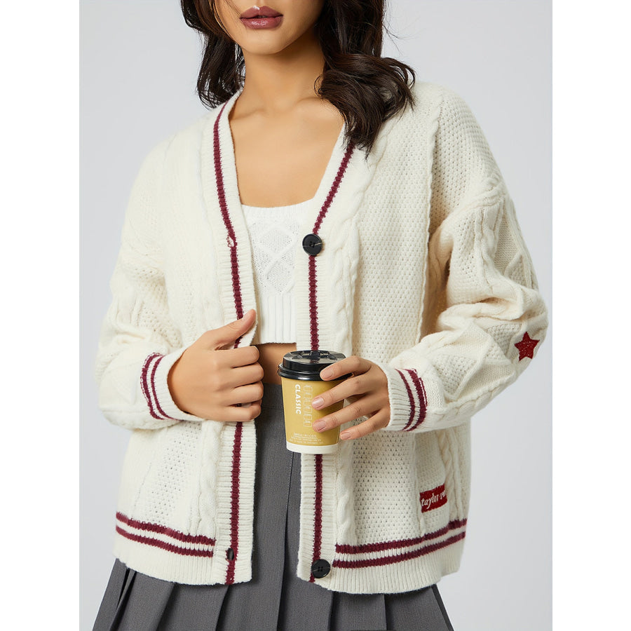 Star Embroidered V-Neck Long Sleeve Cardigan Burgundy / One Size Apparel and Accessories