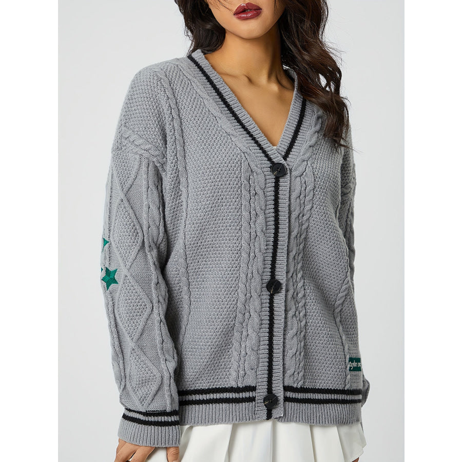 Star Embroidered V-Neck Long Sleeve Cardigan Gray / One Size Apparel and Accessories