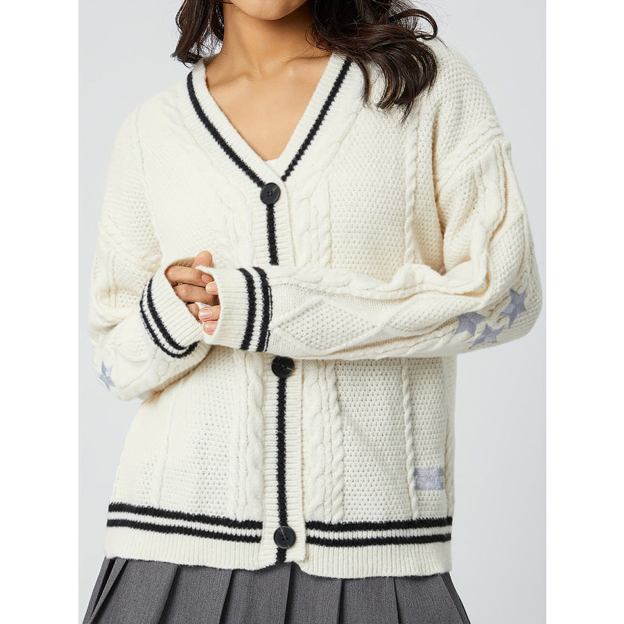 Star Embroidered V-Neck Long Sleeve Cardigan White / One Size Apparel and Accessories