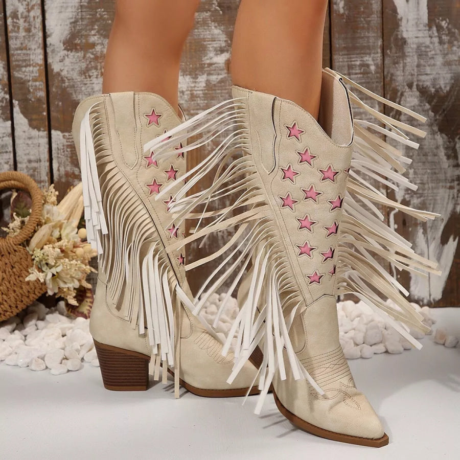 Star Fringe Block Heel Boots Apparel and Accessories