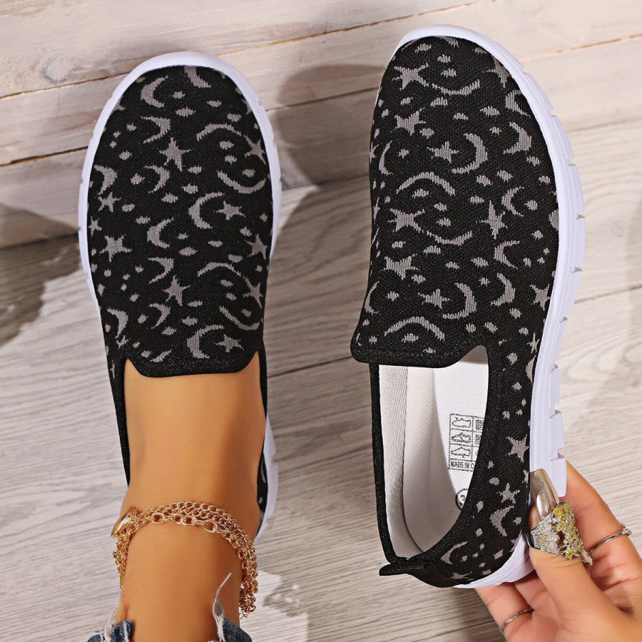 Star &amp; Moon Pattern Flat Loafers Black / 36(US5) Apparel and Accessories