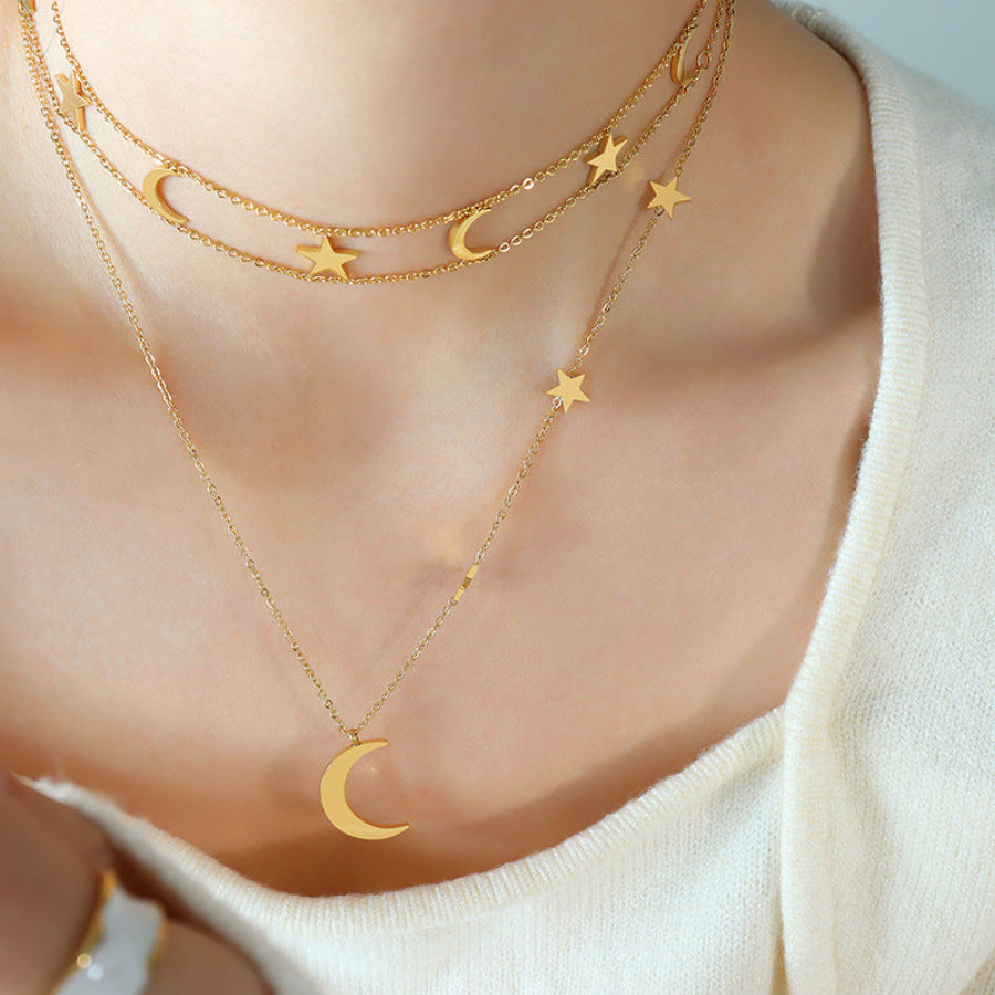 Star &amp; Moon Titanium Steel Layered Necklace Gold / One Size Apparel and Accessories