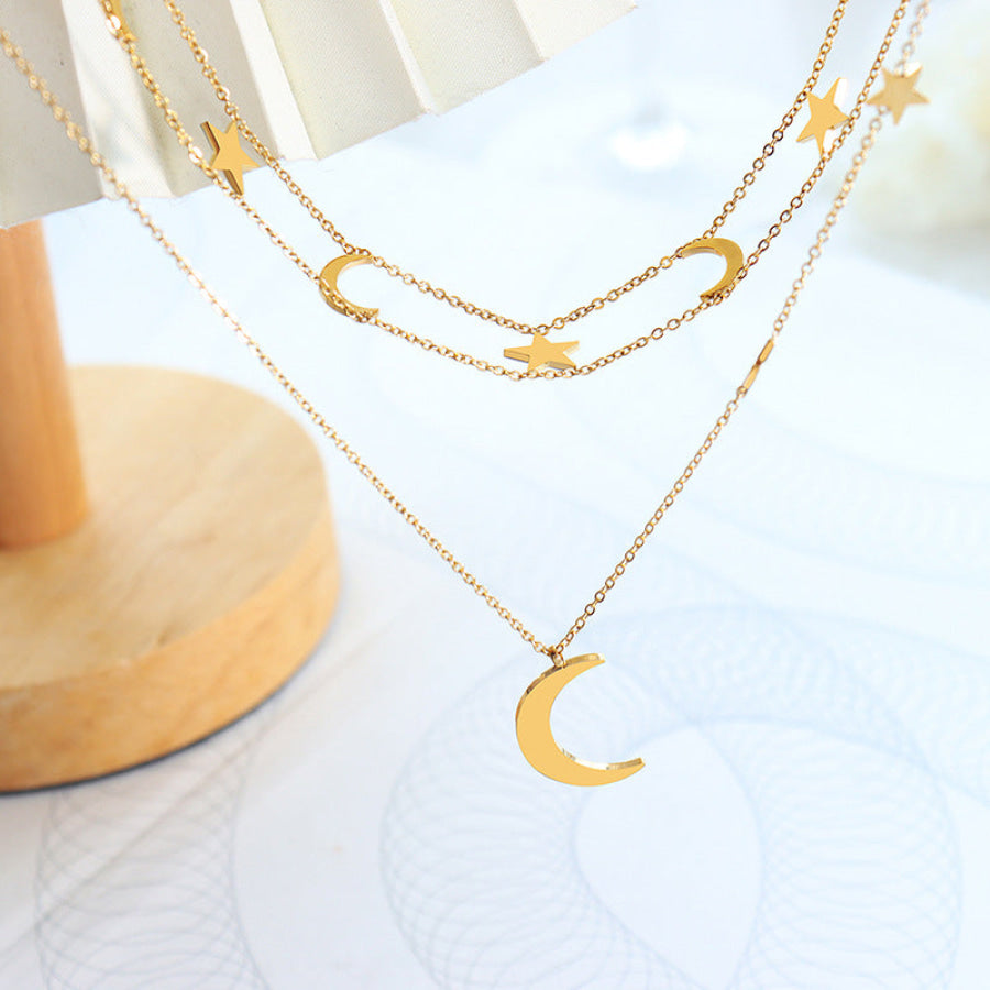 Star & Moon Titanium Steel Layered Necklace Gold / One Size Apparel and Accessories