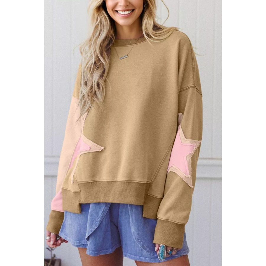 Star Patch Crew Neck Sweatshirt Tan / S Apparel and Accessories