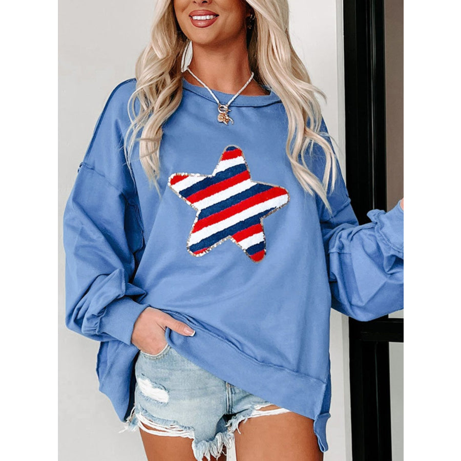 Star Patch Round Neck Long Sleeve Sweatshirt Apparel and Accessories