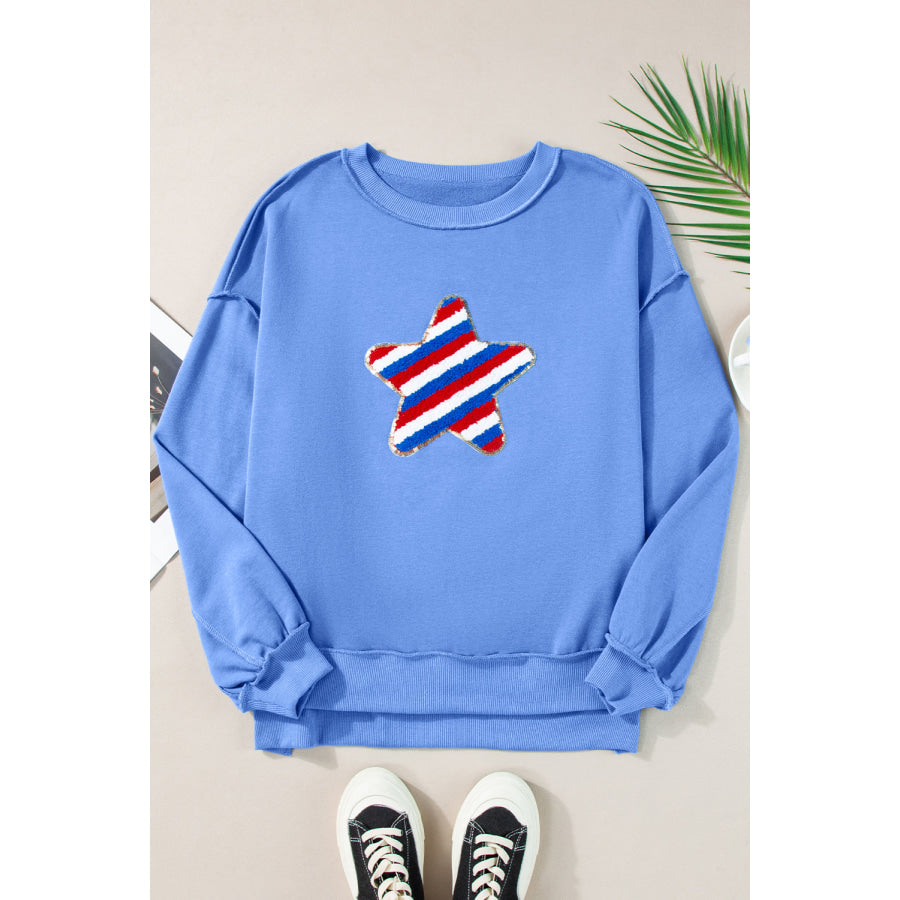 Star Patch Round Neck Long Sleeve Sweatshirt Apparel and Accessories